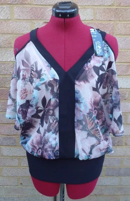 STAR by Julien Macdonald Multi Butterfly Print Cold Shoulder Bubble Top Size 12 - Image 1 of 4