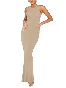 Reoria Tank Long Dress M Elegant Sleeveless Halter Neck Bodycon Maxi Dresses - Picture 1 of 7