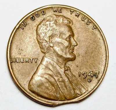 1947-D Clipped Planchet Mint Error Lincoln Wheat Cent - Image 1 of 2