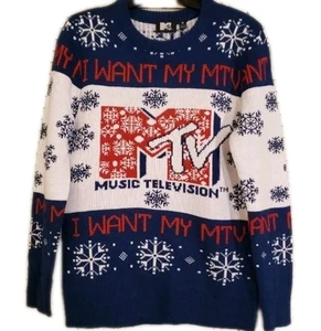 I Want My MTV Holiday Ugly Christmas Sweater Music Television Snowflakes S XL - Picture 1 of 6