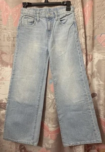 OLD NAVY Girls Sz 12 High Rise Baggy Wide Leg Jeans Light Wash Button Adjustable - Picture 1 of 13