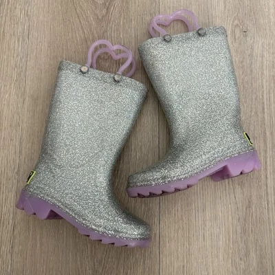 Western Chief ребенка ясельного возраста девочек свет вверх дождя ботинки размер 6 серебро блестящий водонепроницаемый - Изображение 1 из 4