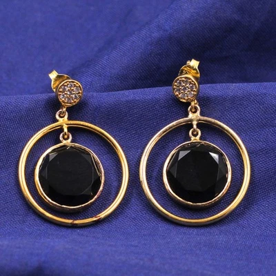 Onice nera, zirconi gemma pendente palo orecchino fine argento 925 placcato... - Immagine 1 di 4