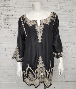 Yoana Baraschi Anthropologie Size L Black Silk Embroidered Tunic Dress - Picture 1 of 11