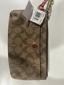Coach Peyton Signature go Wristlet. Khaki/Coral | Authentic Coach Wallet - Picture 1 of 3