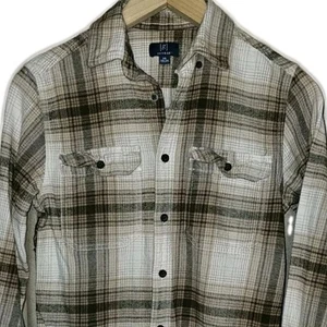 XS Plaid Flannel Shacket Soft Neutral Brown Beige Fall Layering Overshirt Jacket - Picture 1 of 10