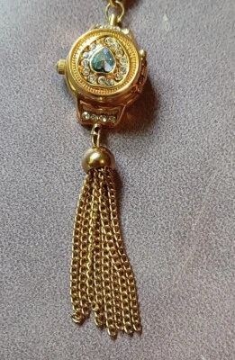 Futura Goldtone Heart Rhinestone Tassel Pendant Watch New Battery  - Image 1 of 4