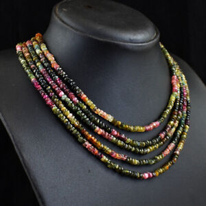 Untreated 349 Cts Natural 5 Strand Tourmaline Beads Necklace Jewelry JK 24E383
