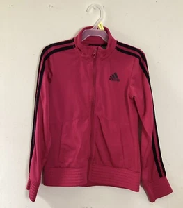 Adidas Girls Track Jacket Fuchsia Pink W/ Black Stripes Full Zip Sz Youth S 7/8 - Picture 1 of 2