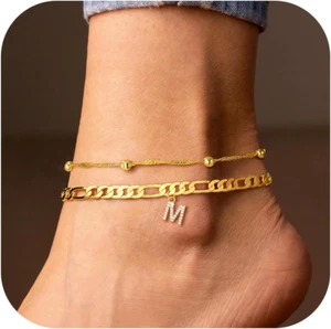 Ankle Bracelets for Women, 14K Gold Plated Dainty Layered Chain CZ Initial An... - Picture 1 of 12