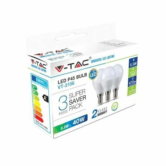 Pack 3 Bombillas LED 5.5W Miniglobo P45 V-tac Base E14 VT-2156 - Imagen 1 de 1