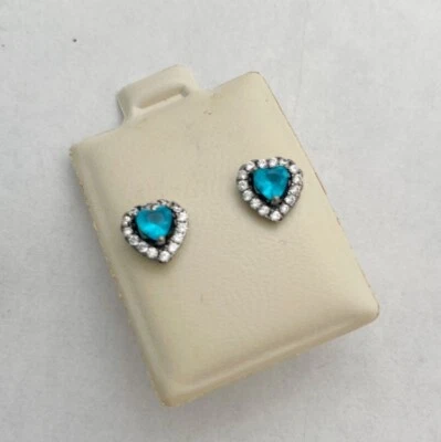 925 Sterling Silver Blue Heart CZ Shaped Stud Earrings Cubic Zirconia - Image 1 of 4