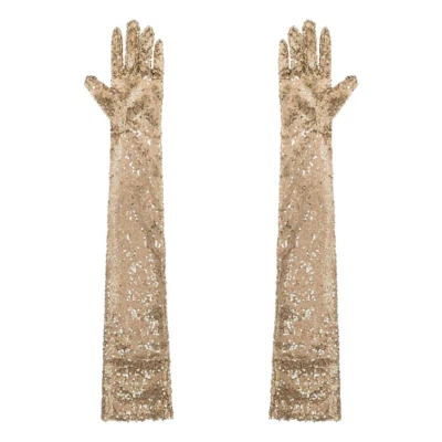 Guanti Dorati Extra Lunghi 70 CM Lustrini Sexy Pinup Retrò Burlesque Fascino - Immagine 1 di 3