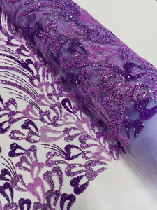 LAVENDER - Beaded Lace/Sequin Embroider Lace Fabric - Sold by The Yard. - Picture 1 of 4