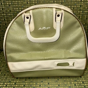 Vintage AMF Faux Leather Bowling Ball Bag Handles / Zipper Work - Green & White - Picture 1 of 11