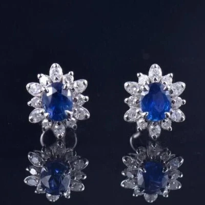 Women's Stud Earrings 2 Ct Oval Cut Lab Created Sapphire 14K White Gold plated - Image 1 of 4