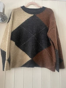 Ladies Size S Oversize Jumper Argyle Pattern Brown Grey Wool Mix wide sleeves - Picture 1 of 5