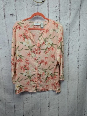 Liz Claiborne Top 女式粉色花卉亚麻纽扣衬衫度假村尺寸 XL — 第 1/4 张图片