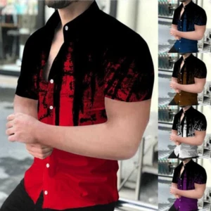Herren Kurzarm Druck T-Shirts Sommer Freizeit Button Down Kleid Tops Bluse Tee - Bild 1 von 13