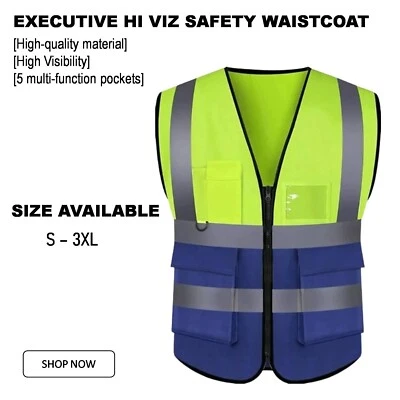 Executive HI VIS Vest High Visibility Safety Waistcoat 2 Tone Phone & Id Pocket - Image 1 of 4