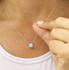 Emerald Cut Aquamarine Pendant and Gold Chain Bezel Set 14K White Gold 2.00ct - Picture 1 of 6