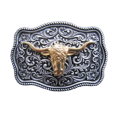 PIRATE OUTFITTERS Edles Buckle mit Longhorn, 24 ct. Gold, Stierbulle, Western, Gürtelschnalle