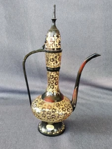 Vintage Lacquered Brass Teapot Genie Lamp Pitcher India 11 1/2" Floral - Picture 1 of 16