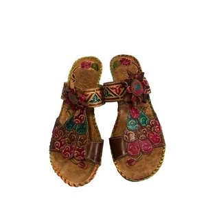 Elite Corkys Damen-Sandalen Blumenmuster Leder Pantoletten Keilabsatz Größe 7 Navajo Schuhe Boho - Bild 1 von 7