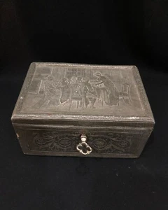 Antique 1900s Germany Trinket Box Jewelry Wood Decorated Tin Plates Inside Cover - Picture 1 of 7