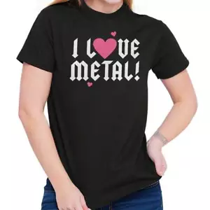 Cute I Love Metal Music Rock And Roll Guitar Womens Graphic Crewneck T Shirt Tee - Picture 1 of 10