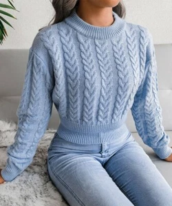 ZOWODO Light Blue Cable Knit Crewneck Crop Sweater Women's Large - Picture 1 of 5