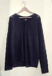 Talbots Split Neck Sweater Womens XL Black Crochet Sleeves Classic Coastal - Picture 1 of 7