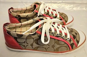 Coach Barrett Signature Logo Canvas Tennis Shoes Brown Red Leather Trim Size 8B - Picture 1 of 13