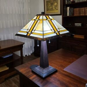 Table Lamp Tiffany Mission Style Beige Stained Glass Shade Dark Brown Finish 