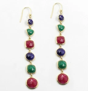 925 Sterling Silver Jewelry Checker Emerald Sapphire Gemstone Dangle Earring - Picture 1 of 5