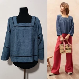 Brora Linen Blouse with Square Neck Size 14/L Indigo Color - Picture 1 of 19
