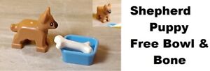 LEGO Puppy Shepherd Brown Black Muzzle Nose FREE Blue Dog Bowl & Bone Police K9