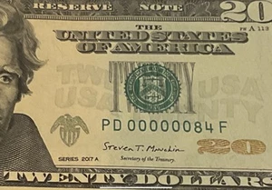 2017 A $20 LOW 2 DIGIT SERIAL NUMBER (( 000000 84 )) US paper money uncirculate - Picture 1 of 3