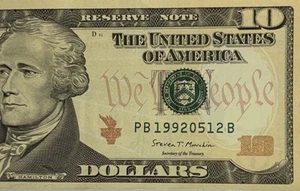 Birthday Note December 05 1992 Fancy Serial Number Ten Dollar BillPB19920512B - Picture 1 of 6