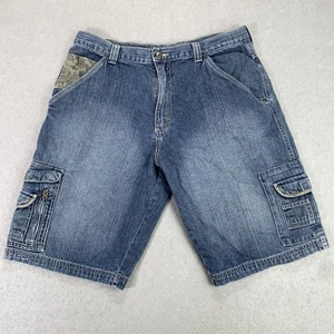 VTG Wrangler Jean Shorts Mens 18 Husky Blue Denim Baggy Y2K Zipper Camo Sz 32 - Picture 1 of 12
