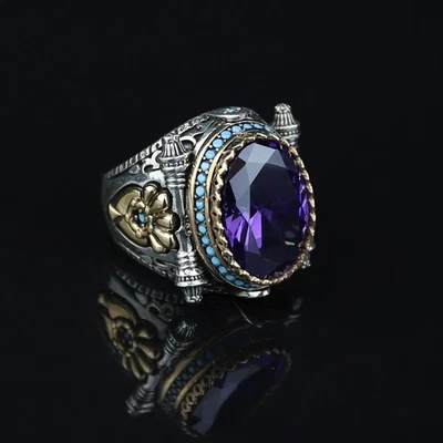 Anillo de plata amatista para hombre, anillo de piedra amatista púrpura hecho a mano turco Foto 1 de 4