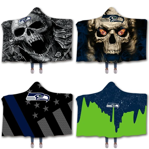 Seattle Seahawks Sherpa Hooded Blanket Fleece Throw Cloak Wearable Blankets Gift Cover