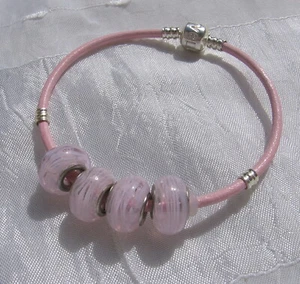 LEDERARMBAND PERLEN GLAS ROSA METALL SILBER CLIP LOVE "ROSA BLUME" NR.1 - Bild 1 von 3