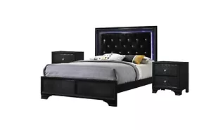 Modern 3pc Black Finish LED Backlit HB Panel Twin Bed 2x Nightstand Youth set - Picture 1 of 7