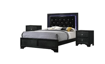 Modern 3pc Black Finish LED Backlit HB Panel Twin Bed 2x Nightstand Youth set - Image 1 of 4