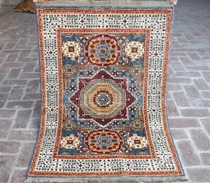 Blue Geometric Afghan Mamluk Rug 3x5 Hand Knotted High Quality Wool Area Carpet - Picture 1 of 10