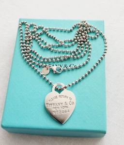 Tiffany & Co Please Return To Heart Long Beaded Bead Ball Chain Necklace Silver - Picture 1 of 14