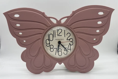 VINTAGE 1987 BURWOOD NEW HAVEN QUARTZ PINK BUTTERFLY WALL CLOCK WORKS KEEPS TIME Cover