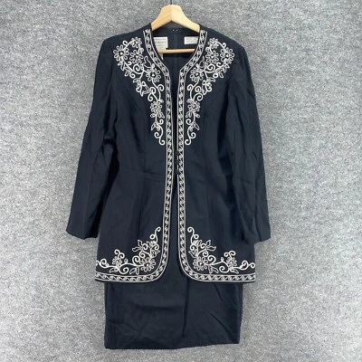 Karin Stevens 连衣裙女式 10 黑色花卉刺绣长衫 Midi 拉链休闲 — 第 1/4 张图片