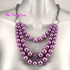 Rich Purple 3 Row Layered Pearl Statement Feature Necklace w/ Swarovski Crystals